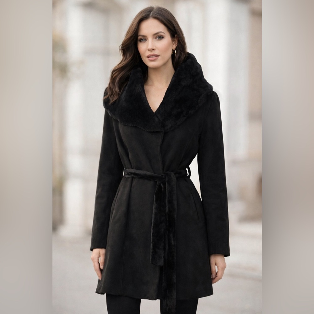 Authentic Shearling Black Hooded Luxury Wrap Coat Jacket